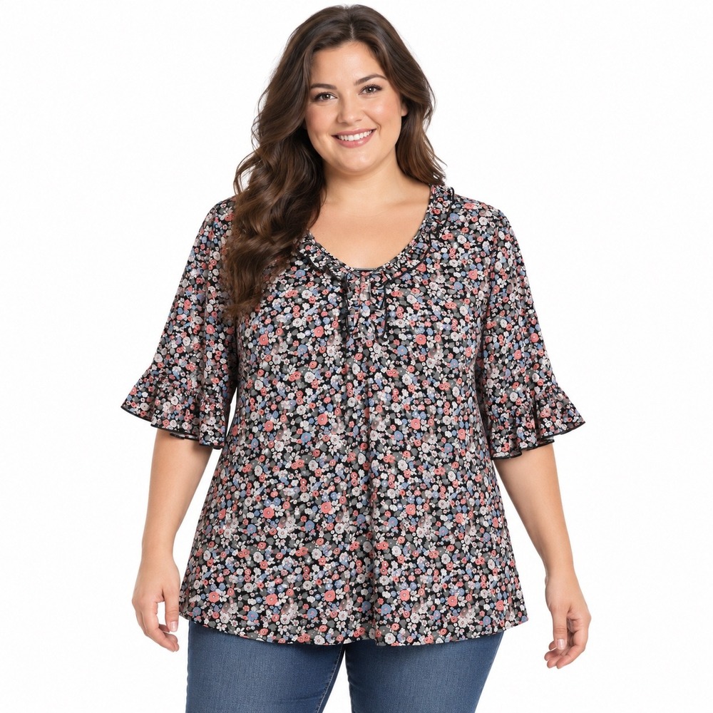 Plus Size Floral Ruffle Bell Sleeve Blouse Top XL